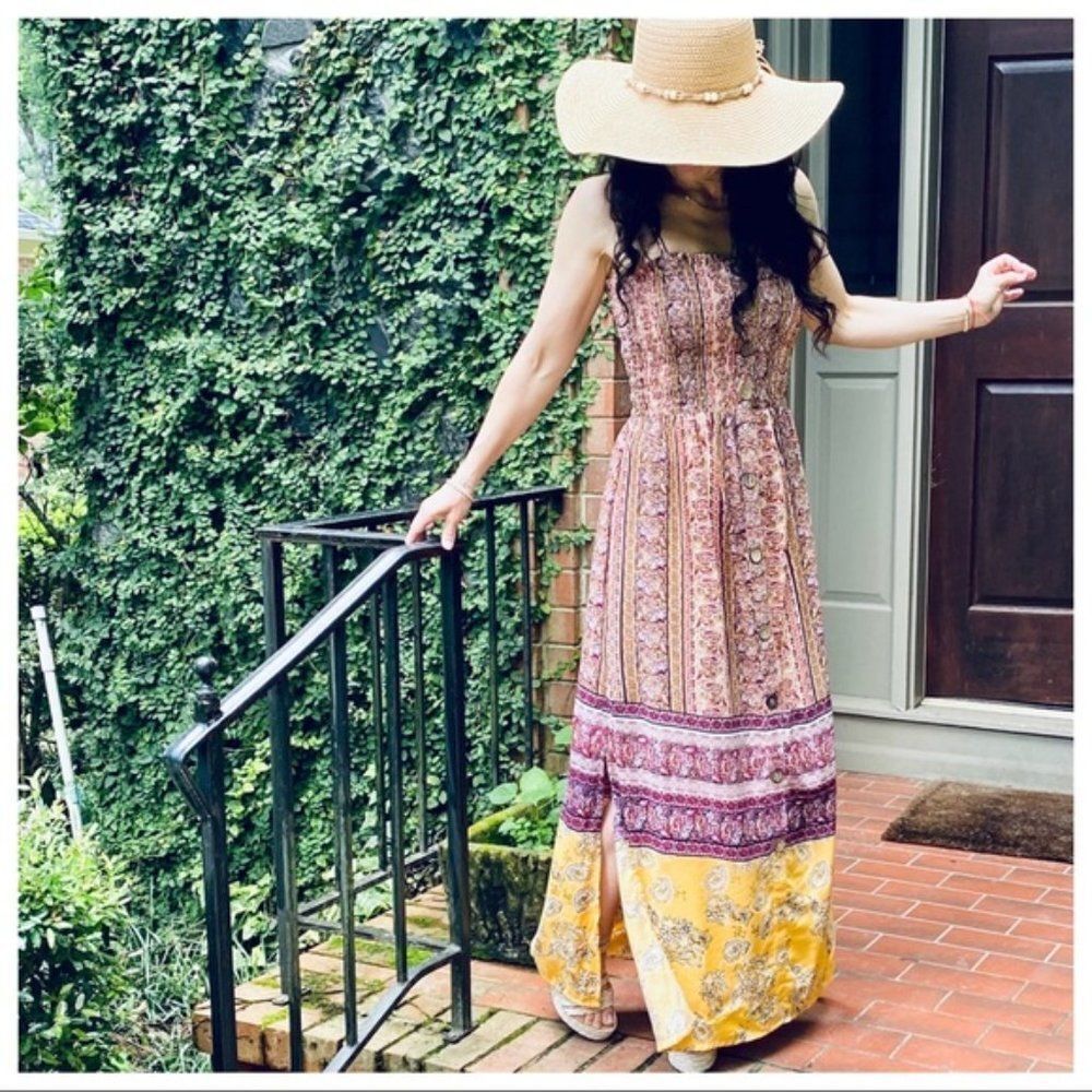 Boho Cami Maxi Dress Hippie Gypsy W/ Side Slits LAST 1 NEW - Picture 1 of 13
